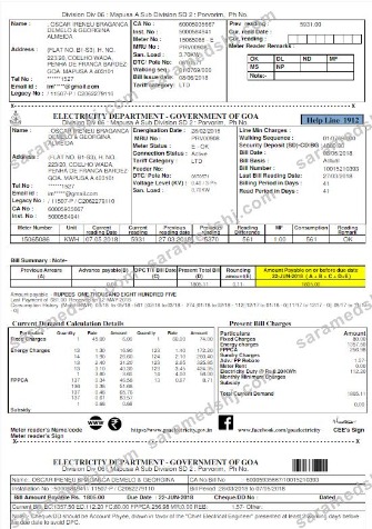 INIDA ELECTRICITY DEPARTMENT GOVERNMENT OF GOA utility bill Word and PDF template